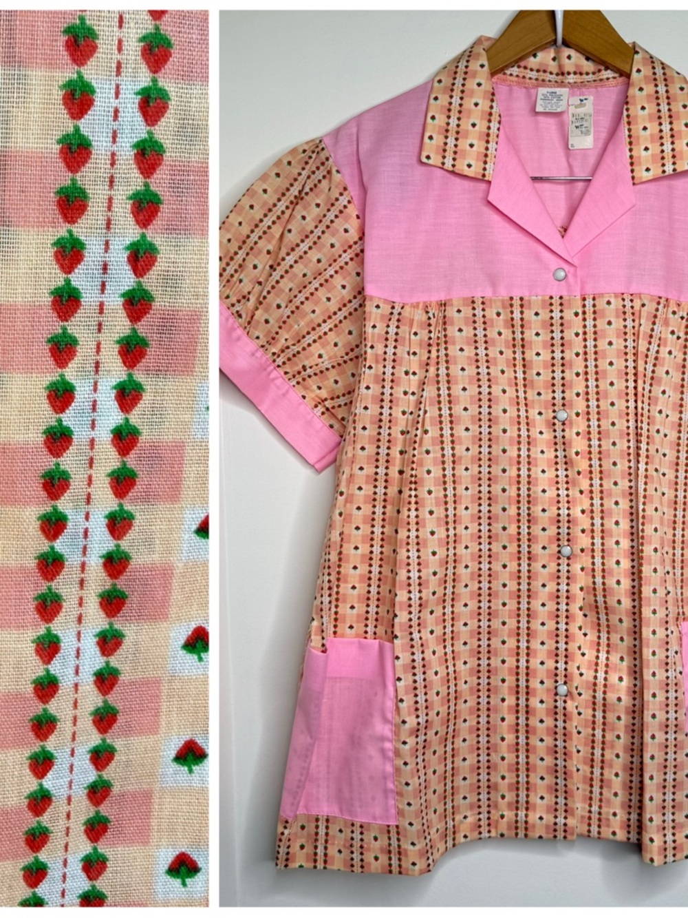 Vintage Deadstock Pearl Snap Strawberry Print Top Smock Pockets Women’s Size XL